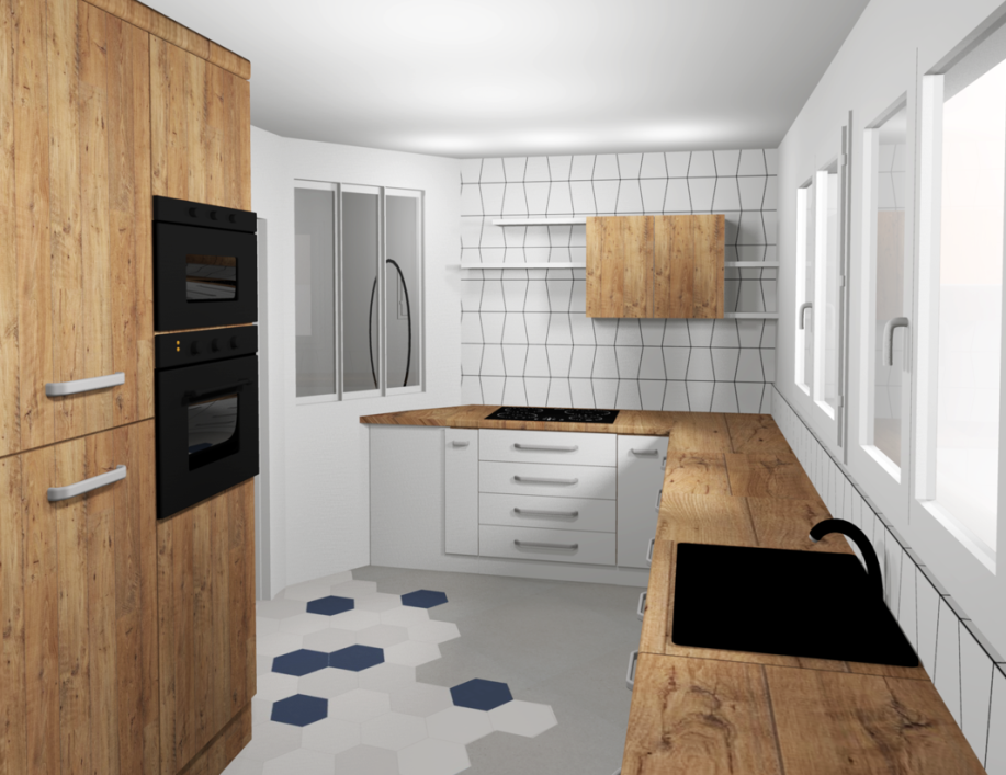 architecte d’intérieur Bouc-Bel-Air : 3D visuel cuisine tomette bleu blanc bois verrière