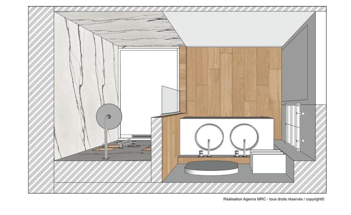 plan salle de bains carrelage bois et marbre