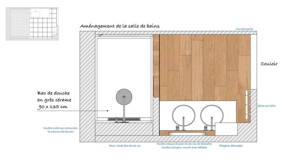 Architecte intérieur Marseille : Salle de bain et buanderie en rénovation imaginé, dessiné et crée par architecte d’intérieur avec double vasque, marbre et bois