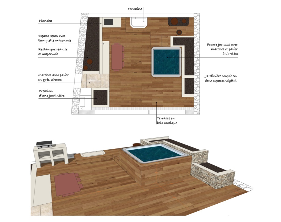 Esquisse archi : Conception extérieur pour une terrasse bois avec jacuzzi, espace repas, fontaine et plancha à Perrier