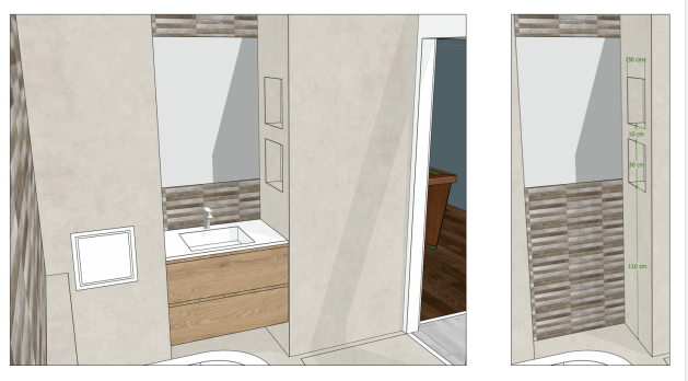 Vue 3D du meuble vasque bois, des niches murales et des cotes de la salle de bain