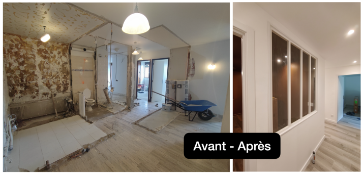 Avant/après de l'espace de circulation avec verrière, appartement ancien rénové à Marseille