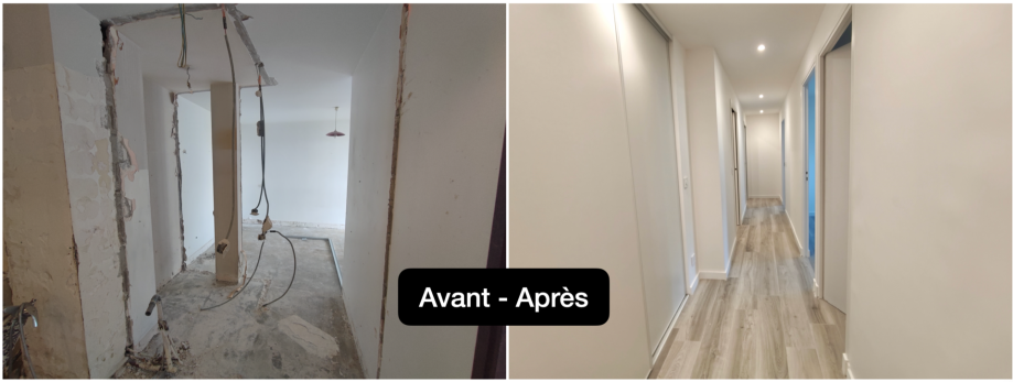 Avant/après du couloir après démolition des cloisons, avec placards coulissants et sol imitation bois