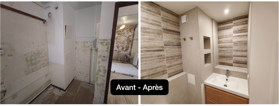 Avant/après de la salle d'eau avec niches murales et meuble vasque bois