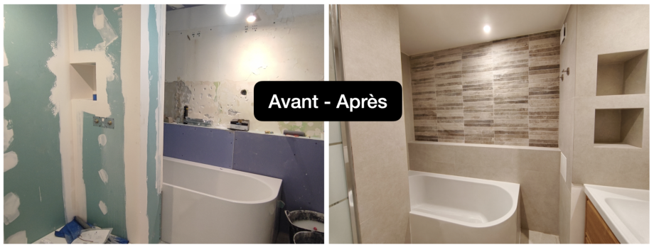 Avant/après de la salle de bain avec baignoire et carrelage aux tons naturels, rénovation lourde Marseille
